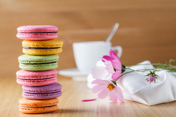 Six colorful french macaron