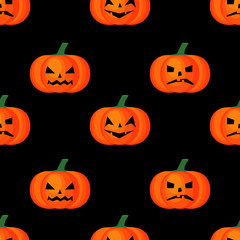 Halloween pumpkins pattern. Seamless halloween background. Happy Halloween concept illustration on black background.