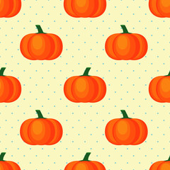 Seamless vector pattern with fresh ripe pumpkins on polka dots background. Vintage style colors. Autumn concept illustration.