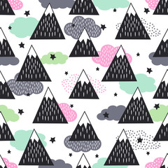 Seamless pattern with geometric snowy mountains, clouds and stars. Graphic nature illustration. Abstract mountains background.