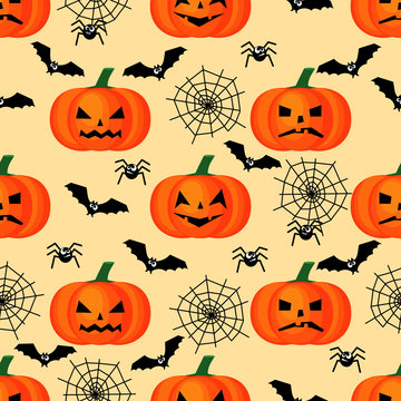 Halloween pattern with pumpkins, bats, spiders webs . Seamless halloween background. Happy Halloween concept illustration.