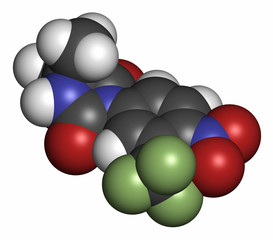 Nilutamide prostate cancer drug molecule (antiandrogen). 