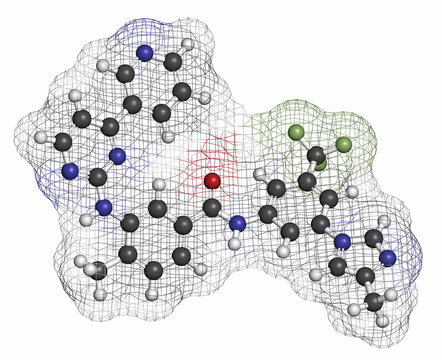 Nilotinib cancer drug molecule (tyrosine kinase inhibitor). 