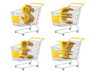 Yellow Shopping Cart with Money Signs: Dollar Euro Pound Yen