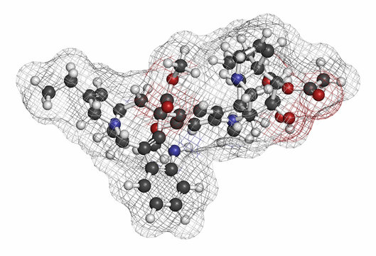Vinorelbine (NVB) cancer chemotherapy drug molecule. 