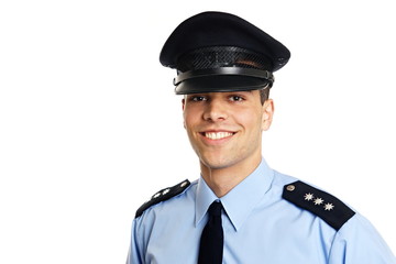 Smiling young policeman on white background, left you can write some text
