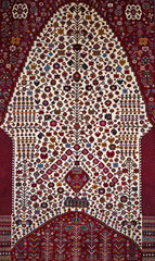 Qashqai tribal village handmade Persian wool rug from Southern Iran, with mihrab arch and tree of life design