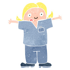 retro cartoon blond nurse shrugging shoulders