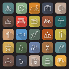 Camping line flat icons with long shadow