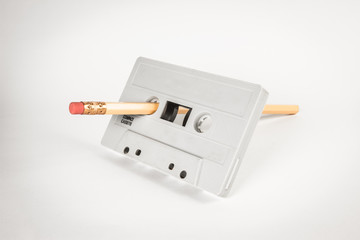 cassette tape with pencil for rewind 