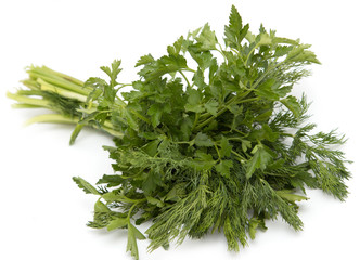 dill and parsley on a white background