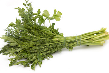 dill and parsley on a white background