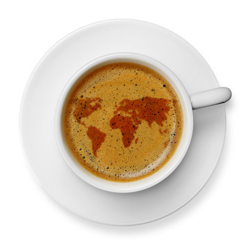 World map icon on coffee