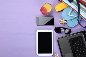 purple background, sunblock, phone, shell, laptop, beach flip flops, bags, sunglasses, cocktail, starfish,pad