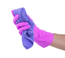Hand wearing rubber glove and hold rag(mop)