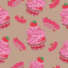 Seamless background with strawberry cupcake and text.