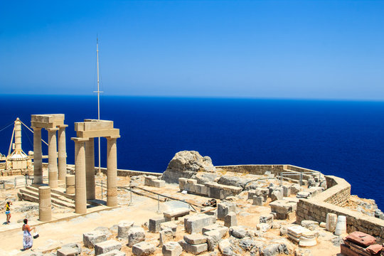 Acropolis Lindos with its temples and picturesque view of  sea