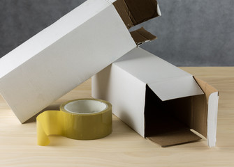 Close up Packing Tape and white boxes