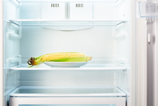 Ear of corn on white plate in open empty refrigerator