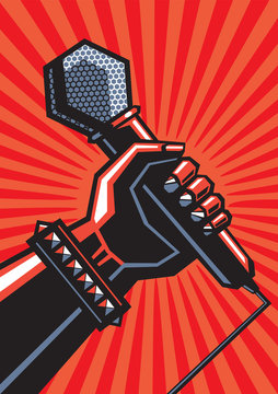 Rock poster with a microphone. Human hand with a microphone. eps10.  		
Illustration in retro style futurism poster.
