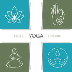 Vector yoga illustration. Set of linear yoga icons, yoga logos in outline style. Design elements for yoga poster. Yoga class, yoga center, yoga studio, spa center. Yoga sticker. Yoga symbols.
