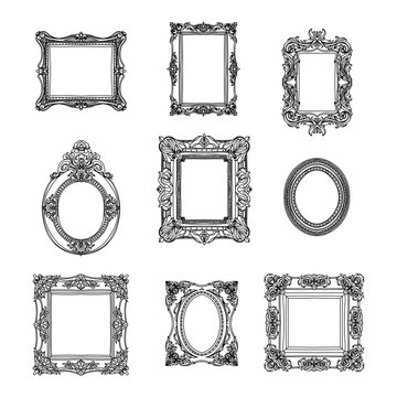 Vector hand drawn picture frames set. Sketch collection.