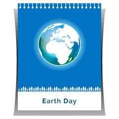 Vector illustration. Poster for Earth Day in white and blue colors. The Earth. Tear-off calendar with globe and people as a concept for Earth Day. Globe with watercolor texture and atmosphere.