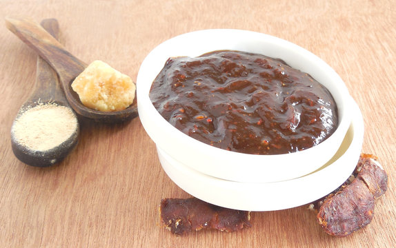 Saunth chutney, an Indian side dish made from ginger, tamarind and jaggery.