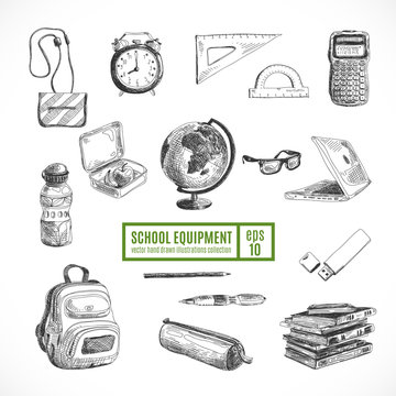 Hand drawn vector set of school items. Back to School. 