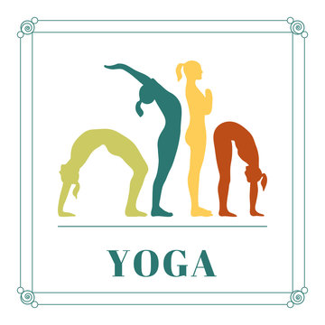 Vector yoga illustration. Yoga poster with silhouettes of women in the yoga poses on a white background. Illustration for yoga class, yoga studio, fitness center, advertising, websites.