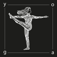 Vector yoga illustration in zentangle style. Girl in yoga pose as emblem for yoga studio, yoga center, fitness center, sport magazine, also for tattoo.  Hand drawn sketch in doodle style.