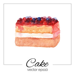 Vector illustration. Hand drawn cake with watercolor texture. Biscuit cake with cream, jam, berries. Hand painted sweet cake on white background. 