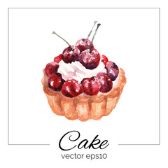 Vector illustration. Hand drawn cake with watercolor texture. Cake with cream, jam, cherry. Hand painted sweet cake on white background. 