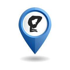 Vector yoga illustration. Blue map pointer with a man in an yoga pose. GPS location symbol. Flat design style. Map pointer for location of yoga center, fitness studio, yoga class. Ayurveda exercises