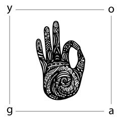Vector yoga illustration in zentangle style. Hand as emblem for yoga studio, yoga center, fitness center, sport magazine, also for tattoo.  Hand drawn sketch in doodle style. Yoga mudra.