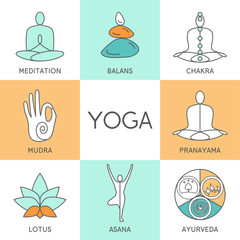 Vector yoga illustration. Set of linear yoga icons, yoga logos in outline style. Design elements for yoga poster. Yoga class, yoga center, yoga studio, spa center. Yoga sticker. Yoga symbols.
