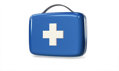 3D Blue First Aid Kit. Isolated Medical Equipment Background.
