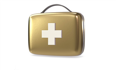 3D Gold First Aid Kit. Isolated Medical Equipment Background.