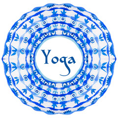Vector yoga illustration. Yoga poster with an ethnic watercolor pattern. Template with Indian ornament and your text for yoga class, yoga studio, fitness center, advertising, yoga magazine. 