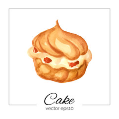 Vector illustration. Hand drawn cake with watercolor texture. Cake with cream, berries. Hand painted sweet cake on a white background. Poster or card for cafe, bakery, restaurant, coffee house