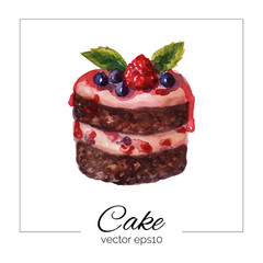 Vector illustration. Hand drawn cake with watercolor texture. Cake with cream, berries. Hand painted sweet cake on a white background. Poster or card for cafe, bakery, restaurant, coffee house