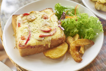cheese sandwich with fried potato,vegetables on white plate