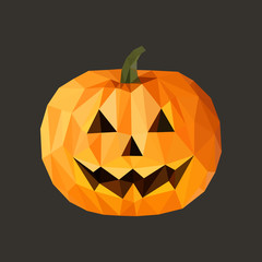 low poly polygon pumpkin for Halloween on a gray background