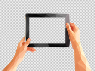 transparent polygonal hands holding a tablet Stock