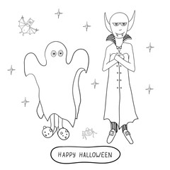 Cartoon halloween characters: ghost, vampire, spider and bat iso