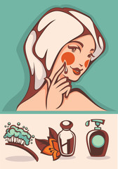 beautiful cartoon woman and spa icons and emblems collection