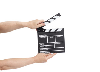 Fototapeta premium Hands holding film clapperboard isolated on white
