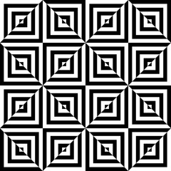 Vector black and white seamless pattern squares,Modern textile print with illusion, abstract texture, Symmetrical repeating background
