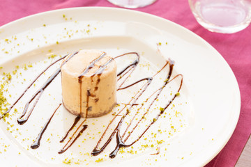 Semifreddo with walnut and chocolate sause