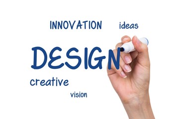 Hand writing design content with blue marker